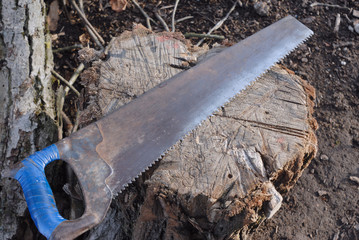Old but reliable manual saw lying on the stump
