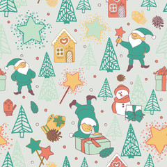 Seamless pattern with festive elves and Christmas trees.