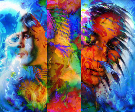 beautiful collage painting of an Indian man and young woman with feather headdress, and abstract color background