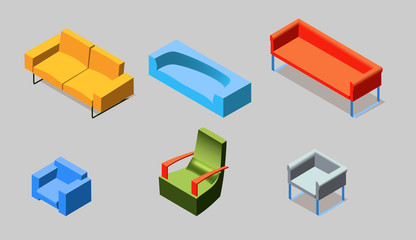 Isometric icons of a sofa and an armchair. - 97506943