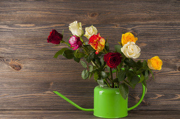 Bouquet of multicolor roses in watering can over wooden backgrou