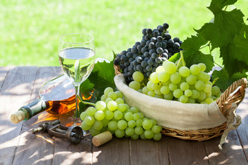 White wine bottle and glass, red and white grape