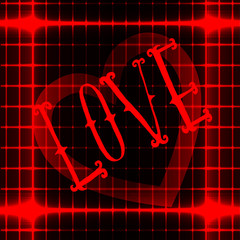 LOVE icon on red neon abstract background with heart at the center. Vector