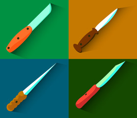 Set of four knives with long shadows. Flat design. Vector