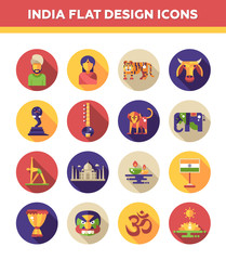 Set of flat design India travel icons and infographics elements with landmarks, famous Indian symbols