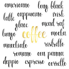 Set names of species coffee in calligraphy handmade, design menu.