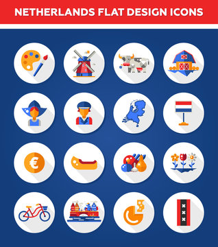 Set of flat design Holland travel icons, infographics elements with landmarks and famous Dutch symbols