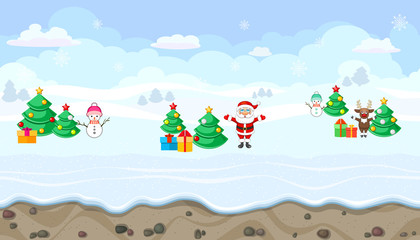 Seamless winter landscape with Christmas characters for game design