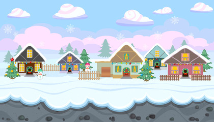 Seamless winter landscape with holiday houses for Christmas game design