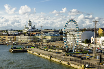 Shopping area and the Pier in the port of Helsinki. Finland.