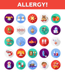 Set of flat design allergy and allergen icons, infographics elements