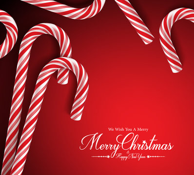 Merry Christmas Greetings Card With Realistic Candy Cane In Red Background. Vector Illustration
