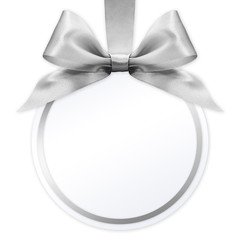 ball with silver satin ribbon bow on white background