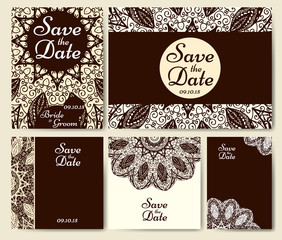 Wedding card collection with mandala. Template of invitation card. Decorative greeting invitaion design with vintage Islam, arabic, indian matifs.