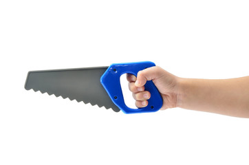 Children's hand holding a saw, isolated on a white background