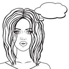 Pop art sleepy blonde woman with messy hair and think bubble for your message, cute woman in pajamas in comics style