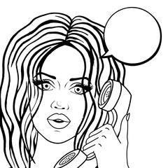Pop art woman talking on phone in comic style, cute woman face vector illustration