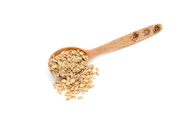 wooden spoon with oatmeal on a white background