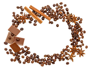 coffee beans, cinnamon, chocolate and anise isolated on white