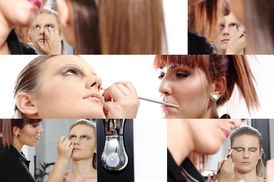 collage, makeup artist applying mascara on eyes of model