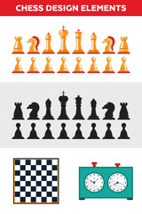 Flat design isolated black and white chess figures with chessboard, clock. Collection of the king, queen, bishop, knight, rook, pawn