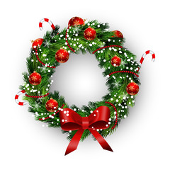 Fototapeta na wymiar White card with Christmas wreath and bow