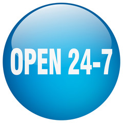 open 24 7 blue round gel isolated push button
