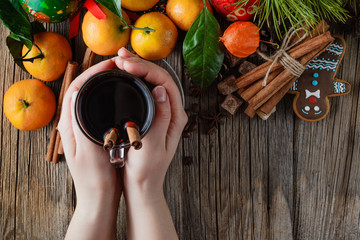 Female hold Xmas mulled wine with cinnamon stick