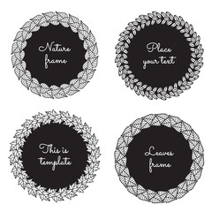 Circle nature frames (black) with leaves (lilac, ash, viburnum, birch) vector set. Vintage style. Perfect for invitations and other design.