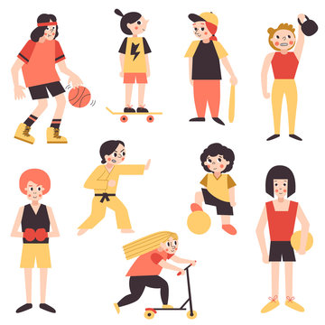 Minimalistic cartoon style sports teenage girls (young women) vector set. Women in sport.