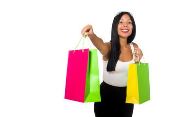 Fototapeta na wymiar Woman with shopping bags on white