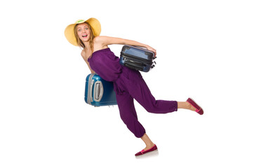 Woman with suitcase isolated on white