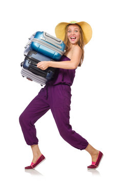 Woman with suitcase isolated on white