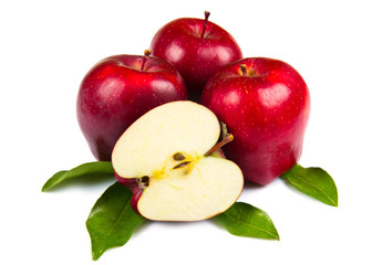 fresh red apples with leaves isolated on white background