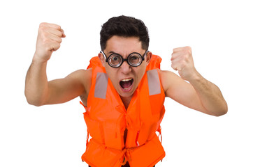 Funny man wearing orange safety vest