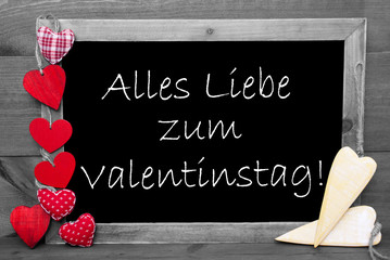 Fototapeta na wymiar Black And White Blackbord, Red Hearts, Valentinstag Means Valentines Day