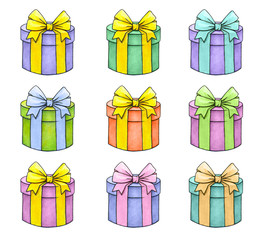 Set of colorful gift boxes with bows and ribbons isolated on white background. Watercolor lovely illustration. Handwork