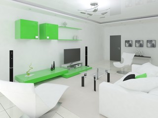 Functional comfortable living room with green furniture.