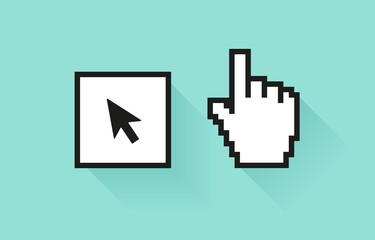 Set of social media icon. Pixel hand and botton with cursor arrow
