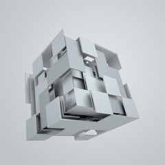 Abstract 3D Rendering of Flying Cube.