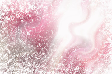 Winter glass surface with hoarfrost pattern on pink blotchy background