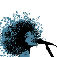 Head of Woman with Hair as Musical Symbols on a White Background - 97526965