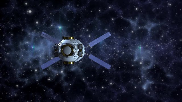 Unmanned spacecraft similar with a satellite orbiter, flying on a deep space background