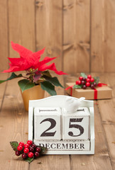 Christmas Day Date On Calendar. December 25. Poinsettia Flower.