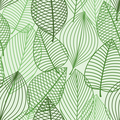 Green foliage seamless pattern of outline leaves
