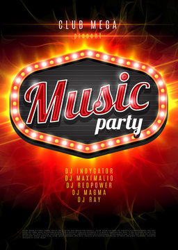Abstract music party background for music event design. Retro light frame on red flame background. vector illustration.