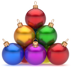 Christmas balls pyramid multicolored red leader on top New Year's Eve bauble group decoration colorful. Order hierarchy Happy Merry Xmas wintertime holidays celebration greeting card. 3d render