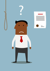 Bancrupt businessman thinking about debt noose