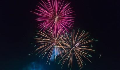 The fireworks display in black sky background to celebration