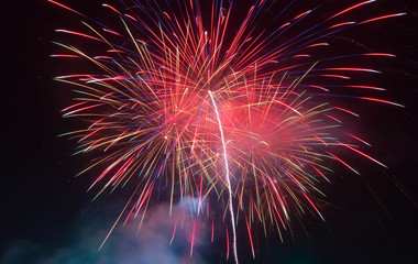 The fireworks display in black sky background to celebration